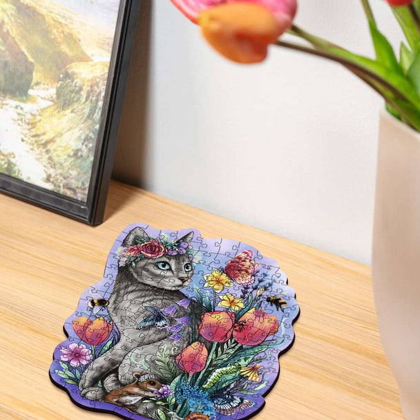 Voltooide Ravensburger Wooden Lovely Cat puzzel – 150 houten stukjes, kat en bloemenmotief