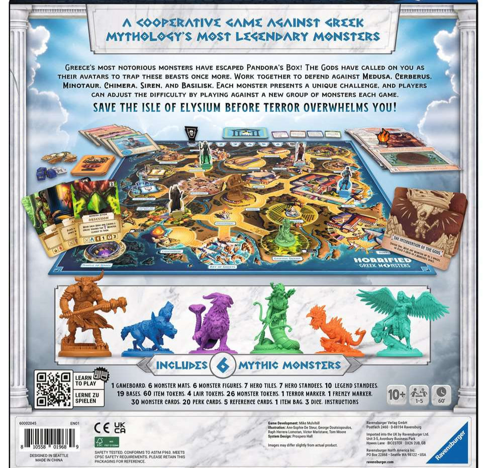 Achterkant van de gesloten doos met spelinformatie van Horrified: Greek Monsters