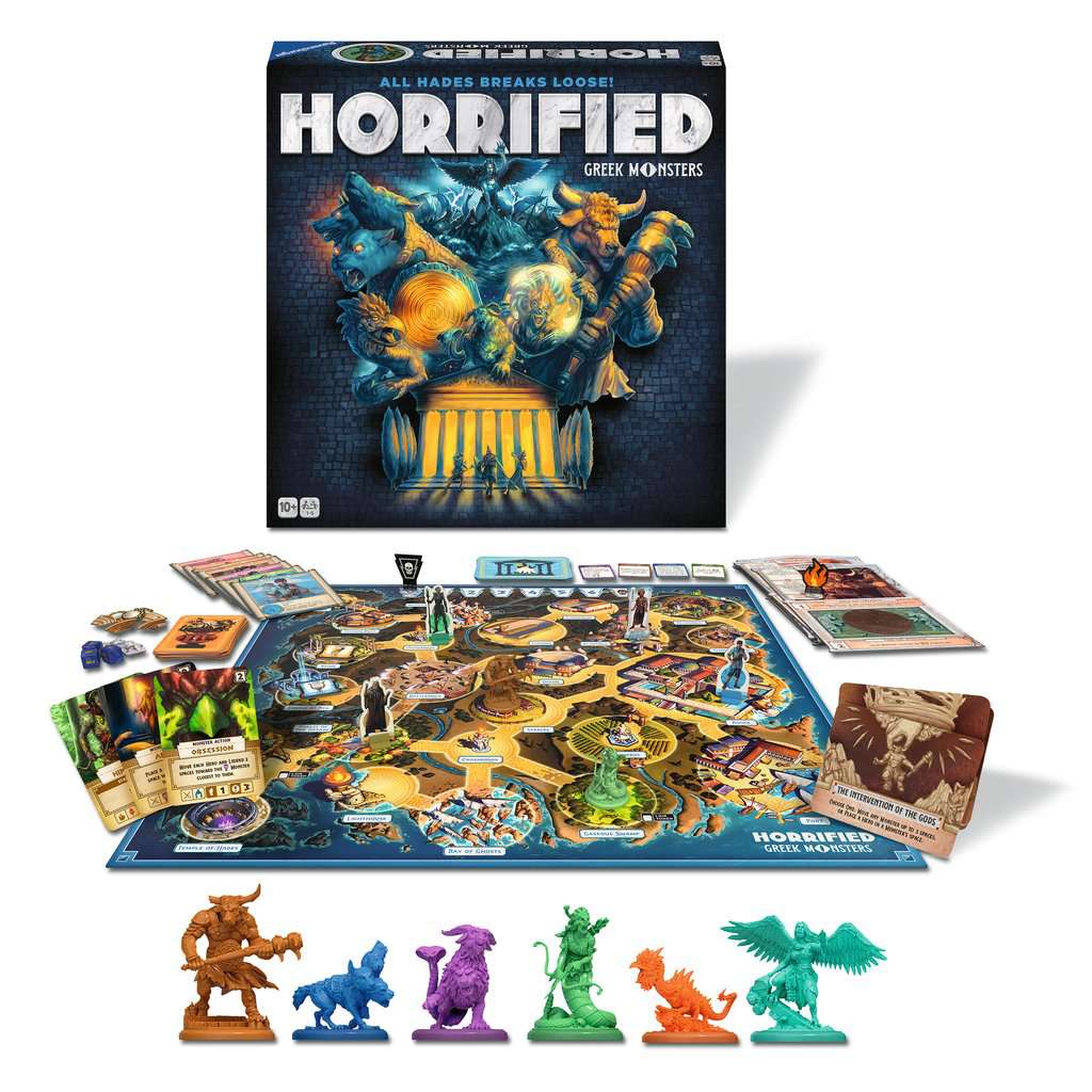 Overzicht van de doos en spelonderdelen van Horrified: Greek Monsters