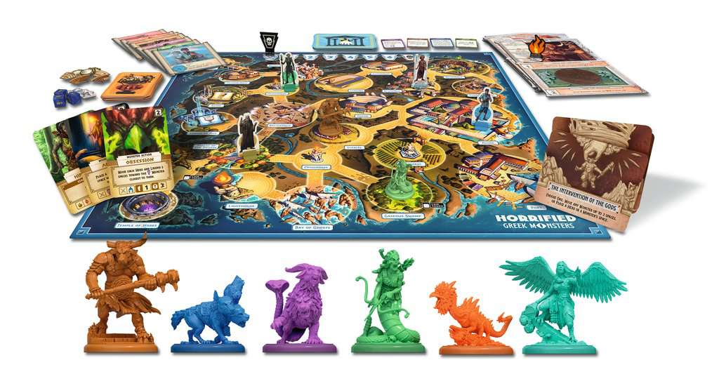 Close-up van de spelonderdelen van Horrified: Greek Monsters